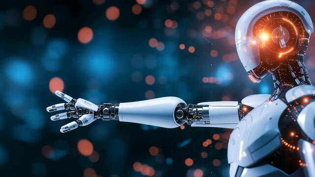 Advanced Robotic Humanoid with an Extended Arm and Glowing Eyes on a Dark Digital Background.