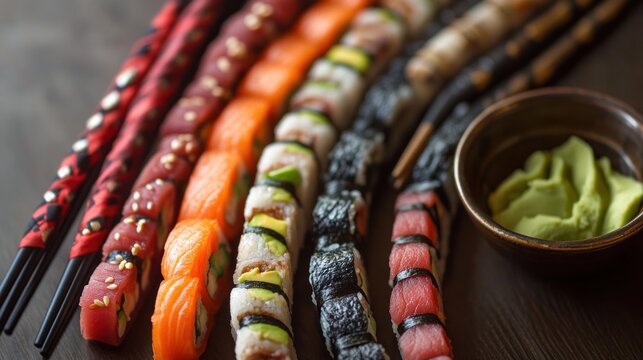 Assorted sushi rolls arranged on a dark wooden table