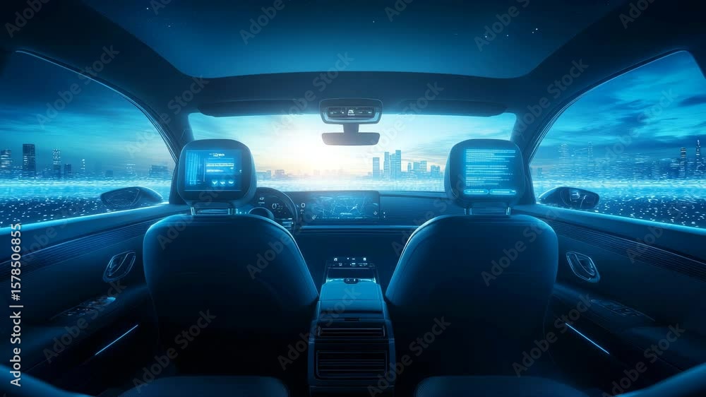 Poster inside view of a modern autonomous car with digital displays and cityscape at dawn.