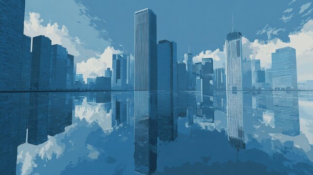 Blue-toned cityscape reflection off water with tall skyscrapers and cloudy sky - Powered by Adobe