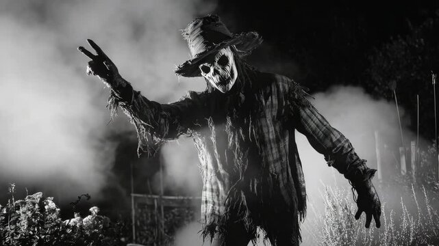 This is a spooky, dark, nighttime scene featuring a character dressed in a scary costume. The figure appears eerie with a mask or makeup and possibly holding an item like a bat.