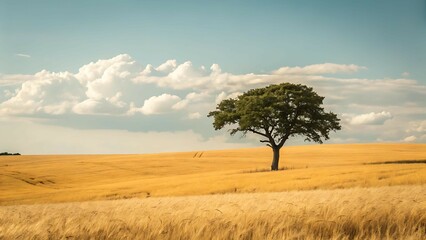 Fototapeta premium Minimalistic photo of a single isolated tree in the center of a golden dry field under a clear blue sky – calm nature landscape, wide open space, and peaceful solitude for desktop or laptop wallpaper 
