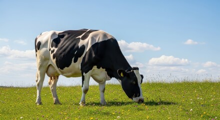 Black and white cow, peaceful and grazing, in a green meadow, under a blue sky with clouds