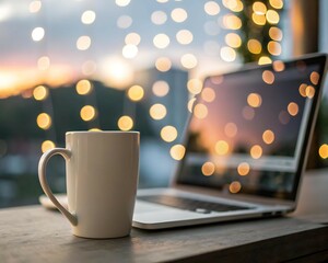 Minimal photo of a plain white coffee mug placed in front of a blurred laptop screen with warm bokeh lights in the background – cozy work atmosphere, home office, and digital lifestyle concept

