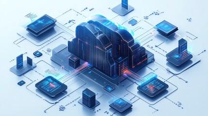 Data replication and mirroring diagram showing sync processes between hybrid cloud environments for redundancy and disaster recovery in tech visual
