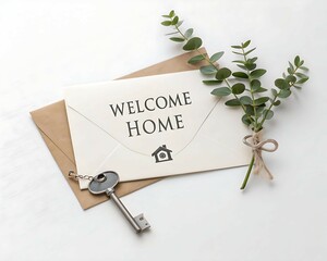 Clean photo of a white envelope with “Welcome Home” text beside a house key on a light background – real estate closing gift, homeownership celebration, and property welcome package concept
