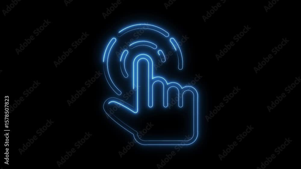 Poster neon touchscreen hand gesture clicking interface animated icon on a dark background