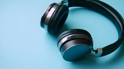 Black Headphones on Light Blue Background, Minimalist Studio Shot