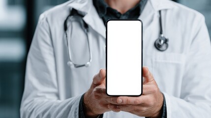 Male doctor holding cell phone in hands using blank white mockup screen technology ehealth mobile app for medical healthcare telemedicine ads, e telehealth online applications. Over shoulder view, no