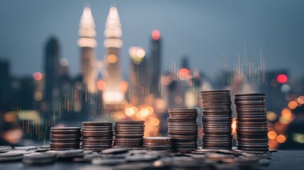 Coin piles with forex chart interface and arrow on blurry Kuala Lumpur city background. Money and stats concept. Double exposure , no logos, no brands