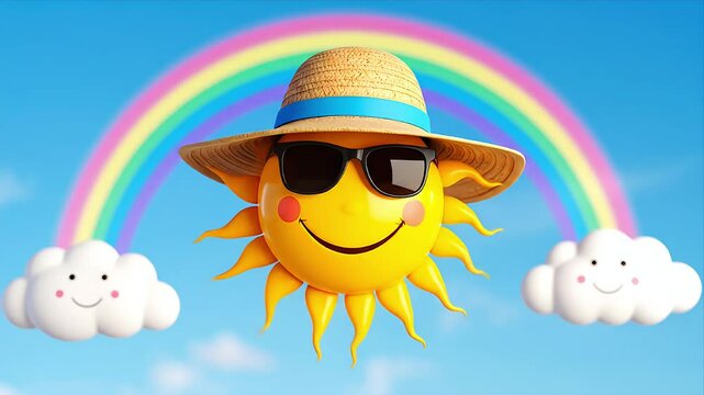 Cartoon sun wearing sunglasses and hat, rainbow and smiling clouds