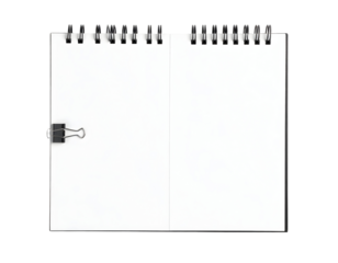 Open spiral notebook with binder clip