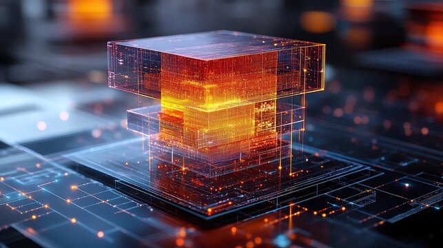 Data cube visualization representing multidimensional metrics with color-coded layers, axis markers, and interactive slicing in 3D analytics interface