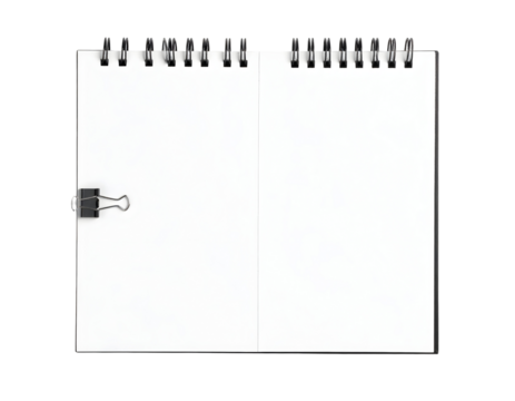 Open spiral notebook with binder clip