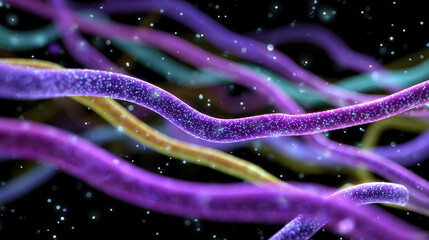 Neon liquid threads weaving across dark background