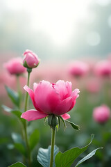 Fototapeta premium Natural peony garden scene with selective focus, soft clouds in background, strategic composition 