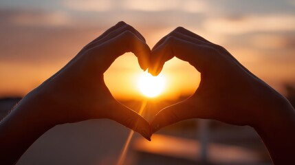 Fototapeta premium heart shape made by two hands against sunset backdrop, symbolizing love and warmth. sun rays create beautiful glow, enhancing emotional expression of moment
