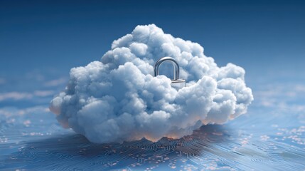 A digital illustration of a cloud symbol with a padlock, representing cloud security and data protection in a tech-oriented background.