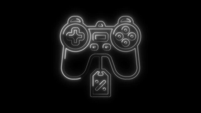 Neon gaming controller icon with discount tag animation on black background