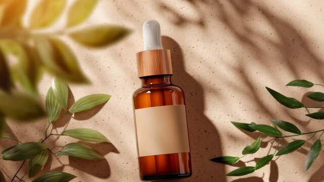 A bottle of perfume is on a table next to some leaves. The bottle is brown and has a wooden cap