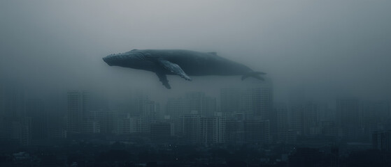 Giant floating whales swimming through a foggy urban skyline
