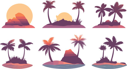 Obraz premium Tropical Island Silhouettes with Palm Trees Sunset and Ocean Views