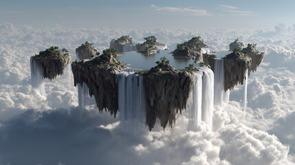 Floating rock islands with waterfalls cascading into clouds 

