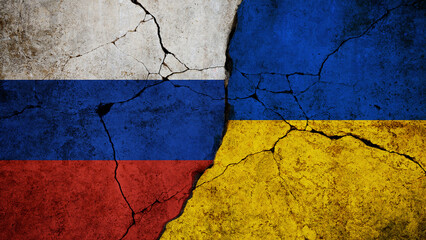 Flags of Russia and Ukraine separated by a crack, symbolizing conflict and tense relations. Flag on...
