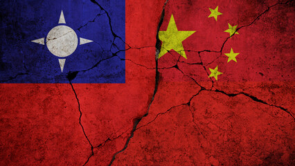 Flags of Taiwan and China with deep cracks between them, symbolizing political conflict,...