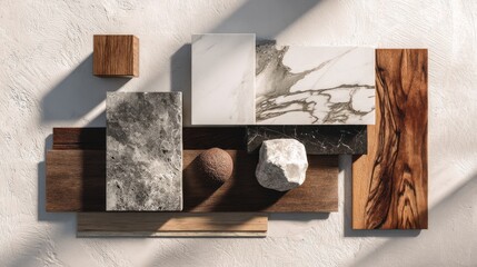 interior design material sample moodboard with luxury surfaces like marble and wood