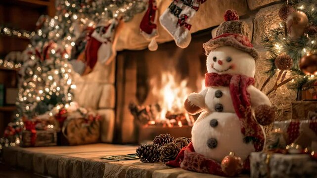Cozy snowman with scarf by fireplace and glowing Christmas lights &mdash; warm cinematic winter video with soft golden tones and copy space on the left for holiday greeting promos and festive ads