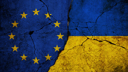 Flags of the European Union and Ukraine side by side with cracked textures, symbolizing political...