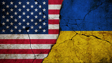 Cracked flags of the United States and Ukraine symbolizing political tension, international...