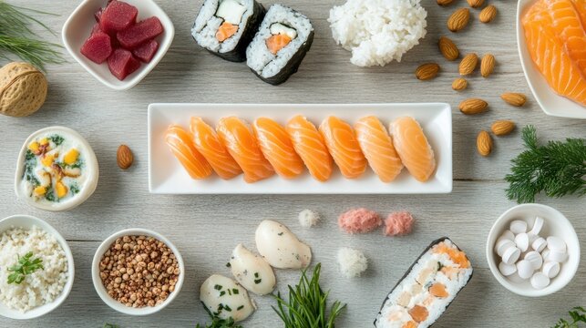Assorted healthy foods arranged on a light-colored wooden surface