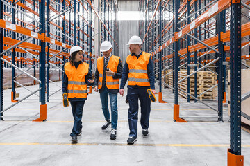Warehouse workers wearing safety vests and hardhats are walking through large distribution center...