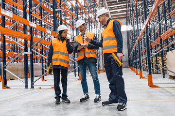 Warehouse workers and manager wearing safety vests and hardhats discussing logistics using digital...