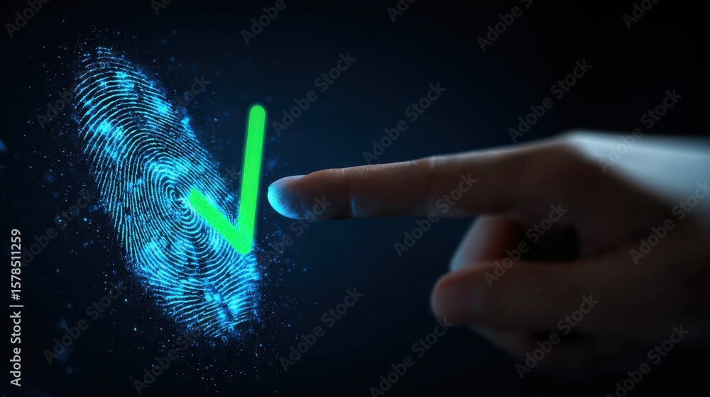 Poster successful biometric fingerprint authentication on futuristic digital interface. glowing blue finger