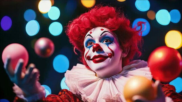 A clown in a red and white suit performs with juggling balls, adding to the festive atmosphere of his circus or theater show.