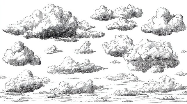 Sketch clouds. Hand drawn sky cloudscape. Outline sketching cloud vintage vector collection. Illustration of cloud shape of collection, no logos, no brands