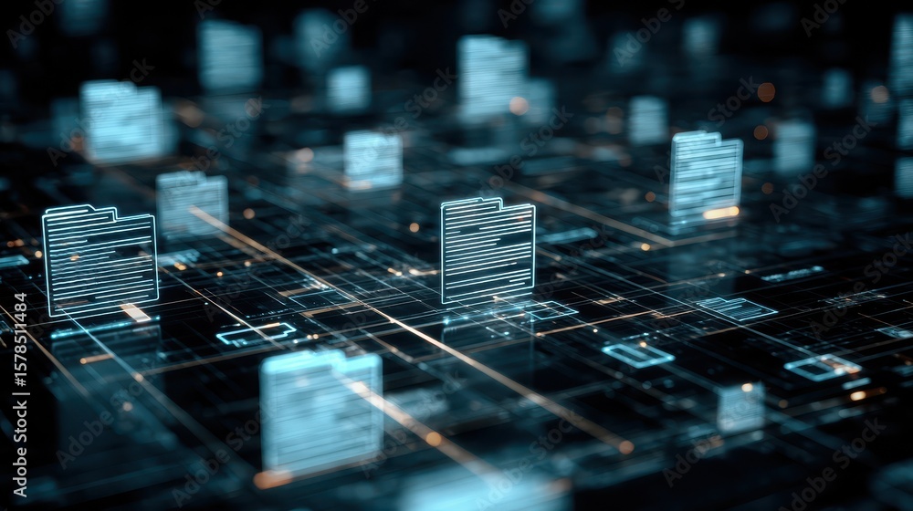 Poster abstract network grid with files and folders, futuristic software interface, digital document manage