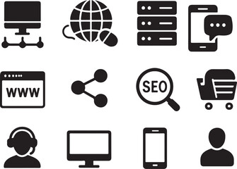 Information Technology Glyph Icon Set – IT Network, Data Center, SEO, E-Commerce, Mobile & Web Symbols