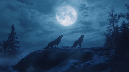 Wolves silhouette moonlit night