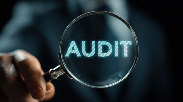 Audit Examination: A financial analyst holding a magnifying glass with the word 'AUDIT' reflects critical inspection and data review within a digital framework.
