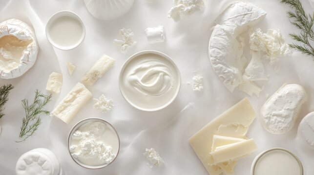 Variety of dairy products arranged on a white surface
