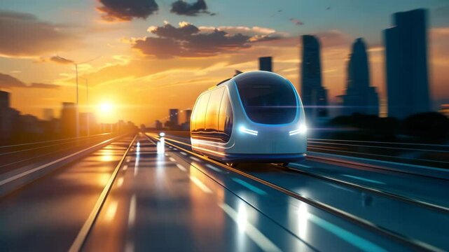 Futuristic High-Speed Train Traveling on Tracks Towards a Cityscape at Sunset.