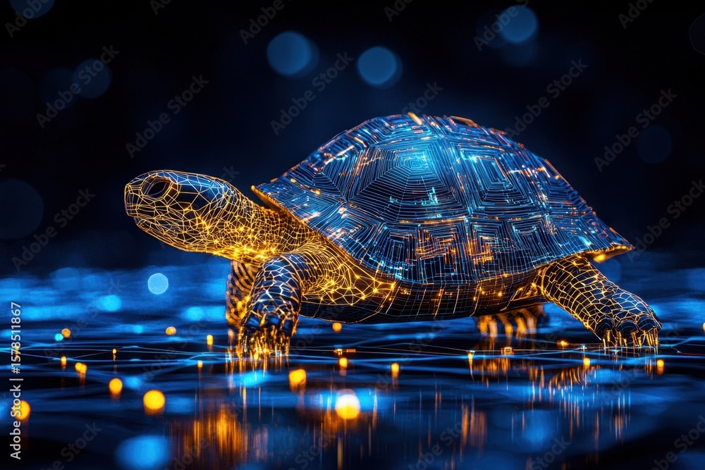 Poster digital representation of a futuristic robotic turtle with glowing circuit patterns in a high-tech e