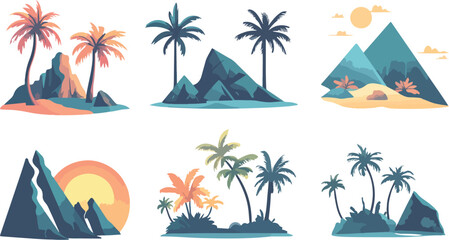 Fototapeta premium Tropical Island Landscape Scenes with Palm Trees Mountains and Sunsets