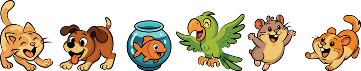 A black and white cartoon-style illustration featuring six adorable pet animals: a playful cat, a happy dog, a cheerful fish in a round aquarium, a smiling parrot with spread wings, an excited hamster