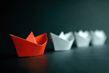 Red Paper Boat Leading White Paper Boats, Symbol of Leadership
