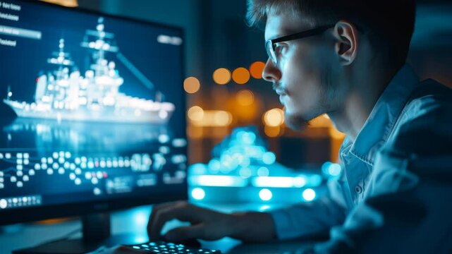 Engineer or Designer Working on a 3D Model of a Ship on a Computer Screen.